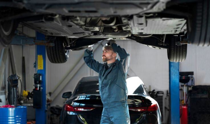 Foto de um mecânico fazendo uma reparação no carro